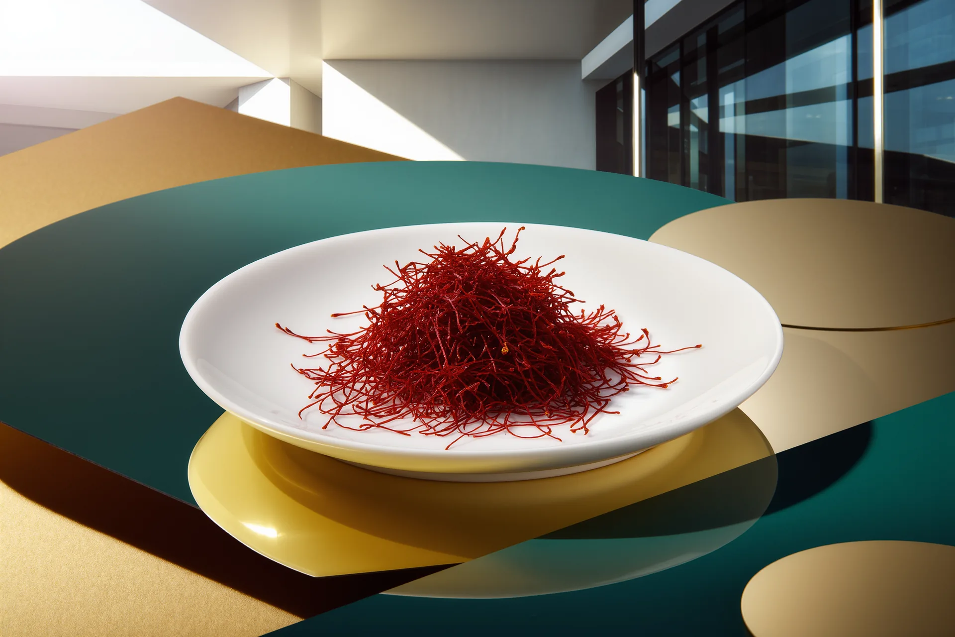 Filaments de safran rouge sombre disposés en petit tas sur une soucoupe de porcelaine blanche