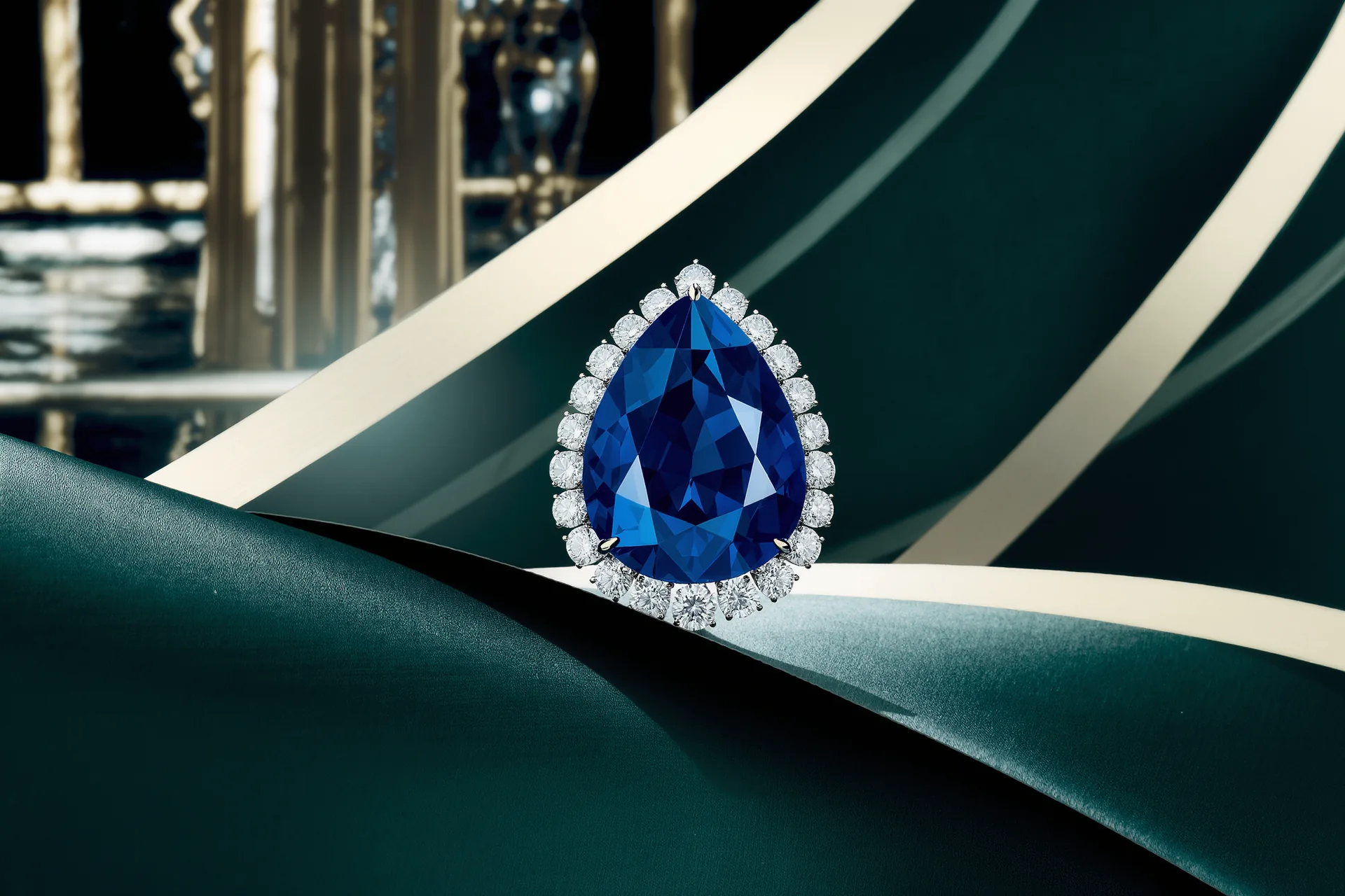 Un saphir bleu velouté serti de diamants, posé sur une surface sombre et satinée