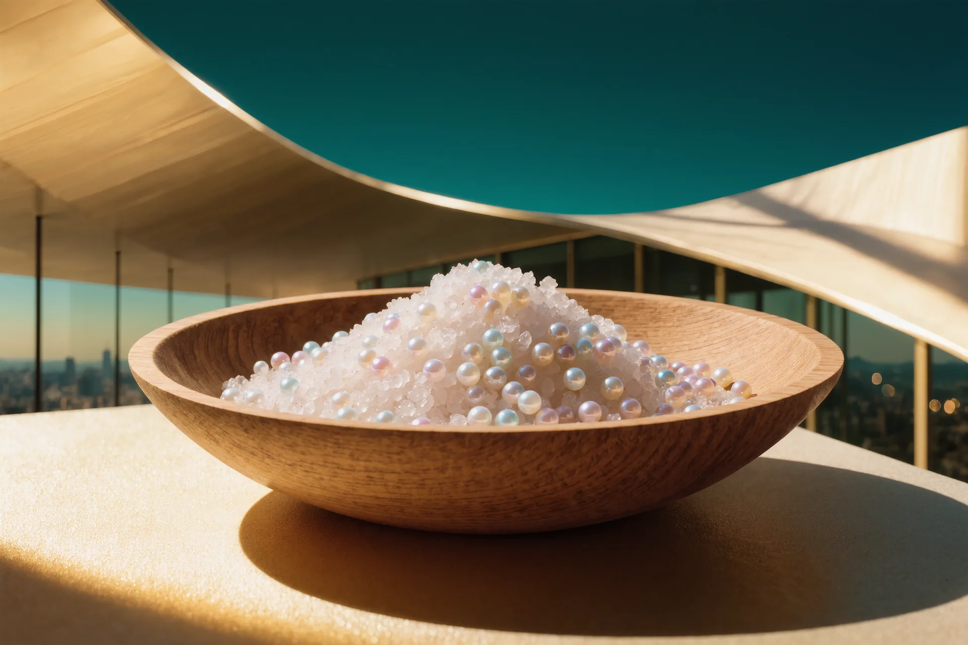 Pincée de fleur de sel aux cristaux nacrés tenue au-dessus d'une coupelle de bois clair