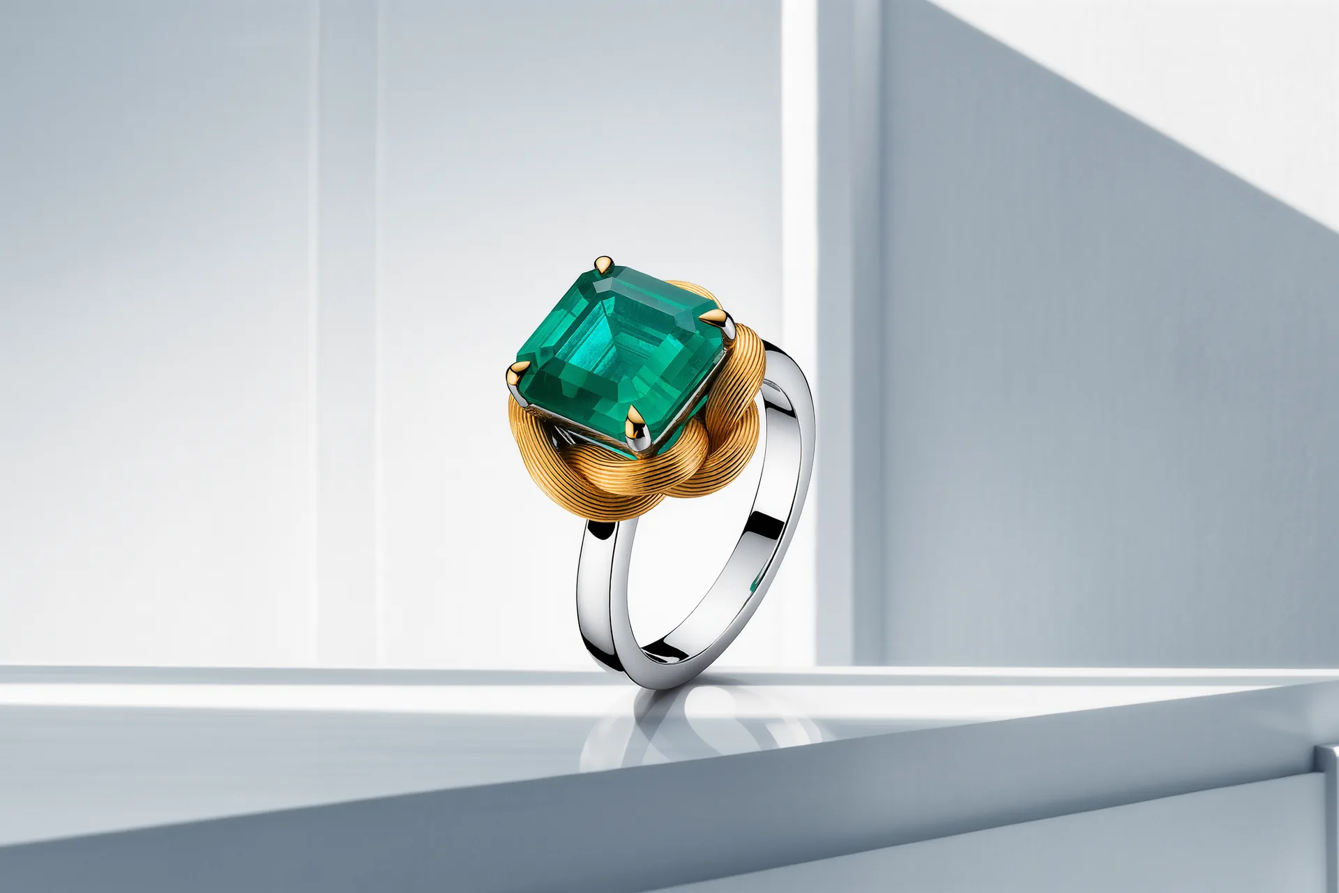 Bague à serti clos dont un ruban d'or continu cercle entièrement une pierre de couleur