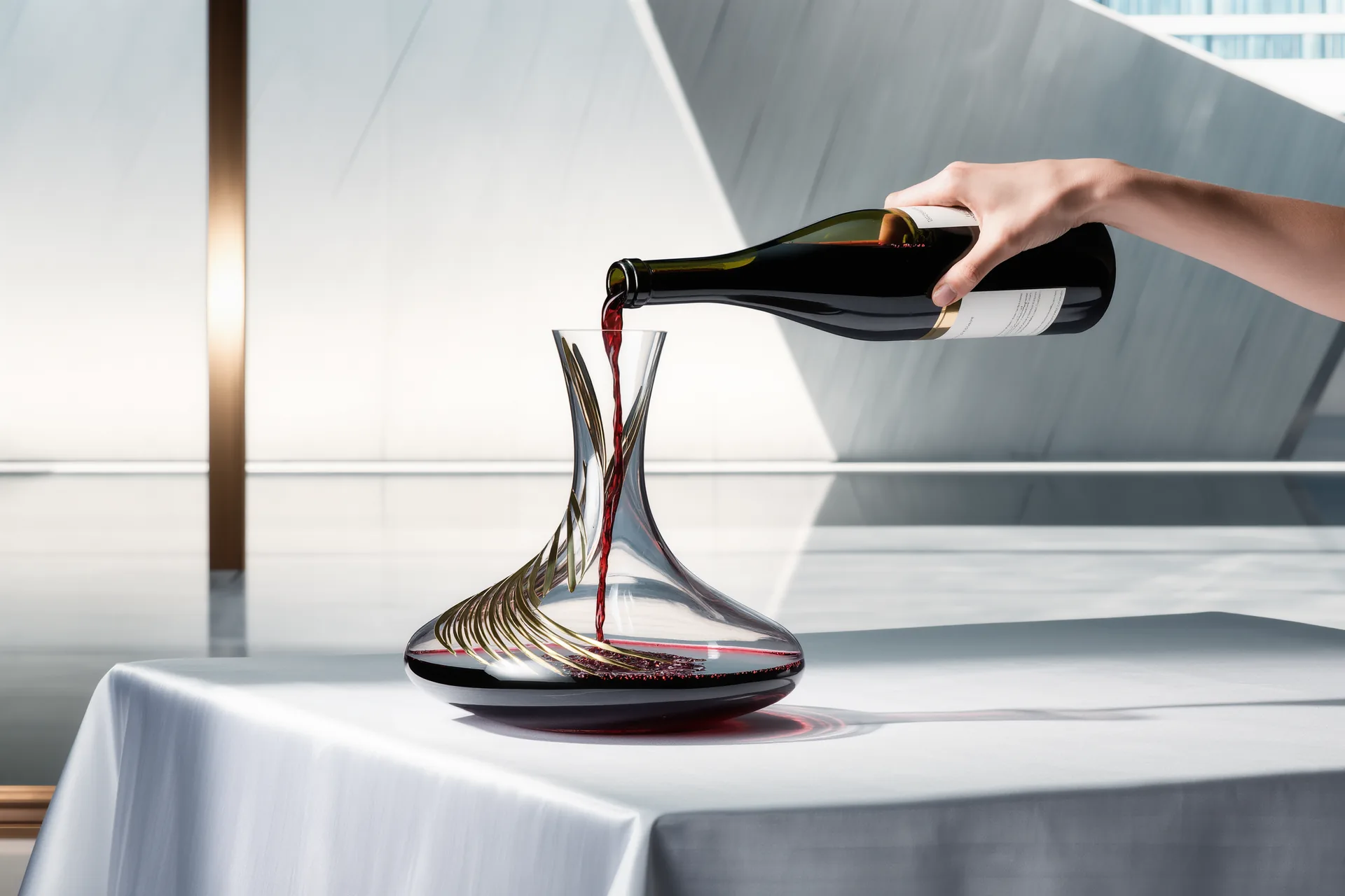 Une main verse doucement un vin rouge d'une bouteille dans une carafe en cristal, nappe blanche et lumière douce