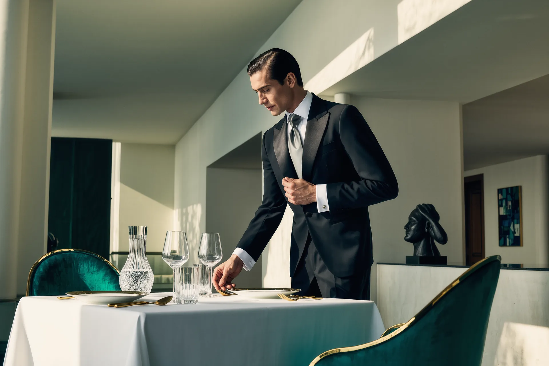 Un maître d'hôtel en costume sombre ajuste discrètement un couvert sur une table dressée de blanc dans une salle feutrée