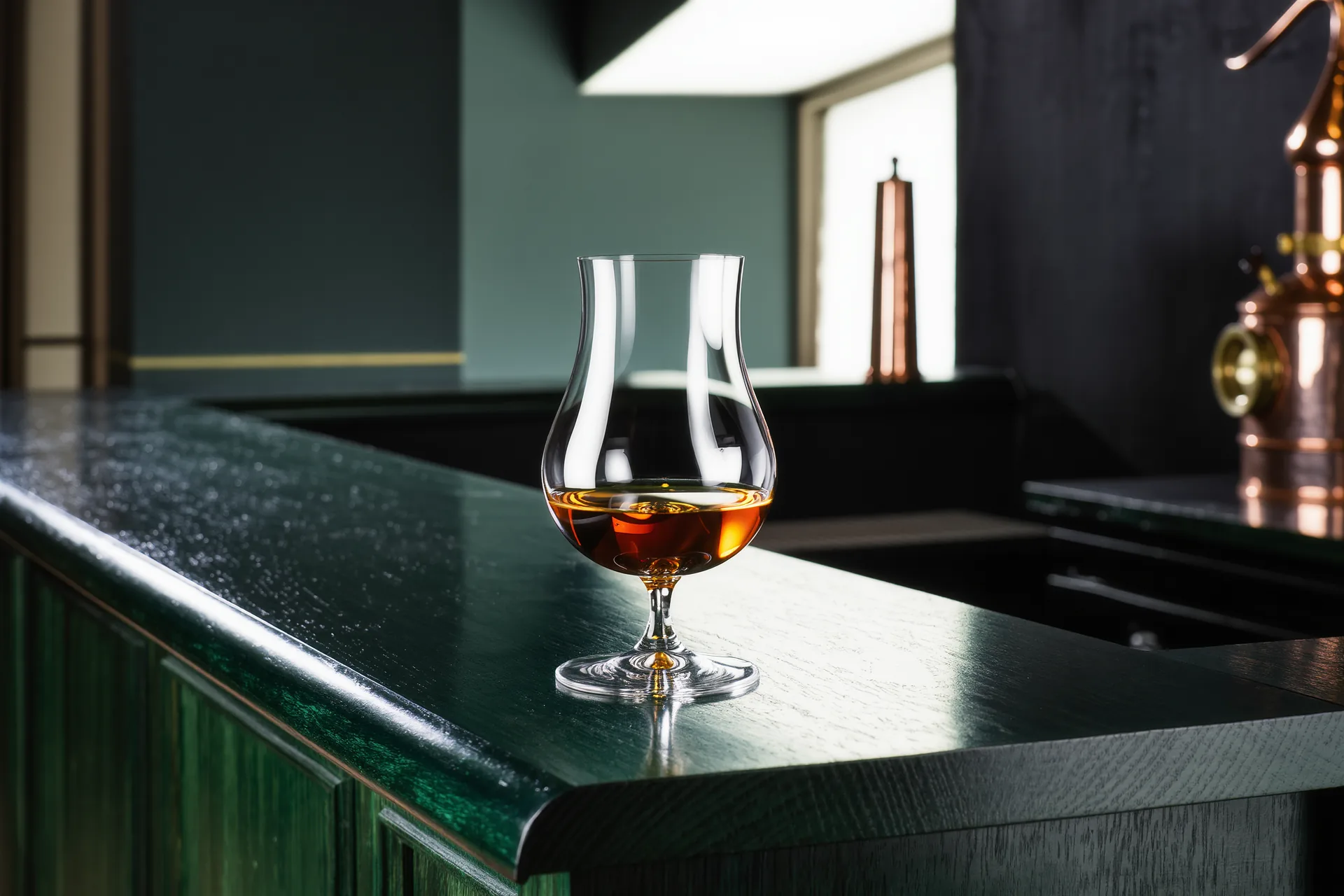Un verre tulipe de whisky ambré posé sur un comptoir de bois sombre, alambic en cuivre flou à l'arrière-plan