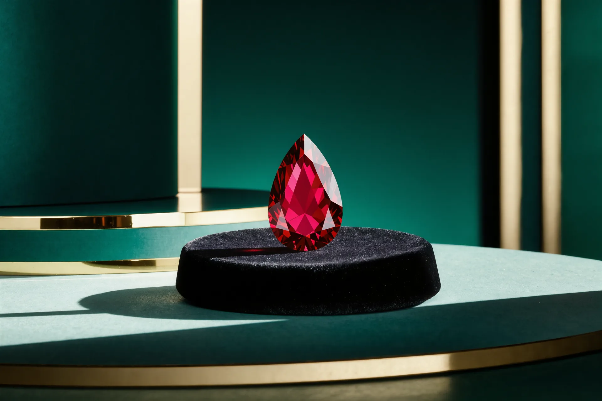 Un spinelle rouge vif non serti posé sur un présentoir de velours noir
