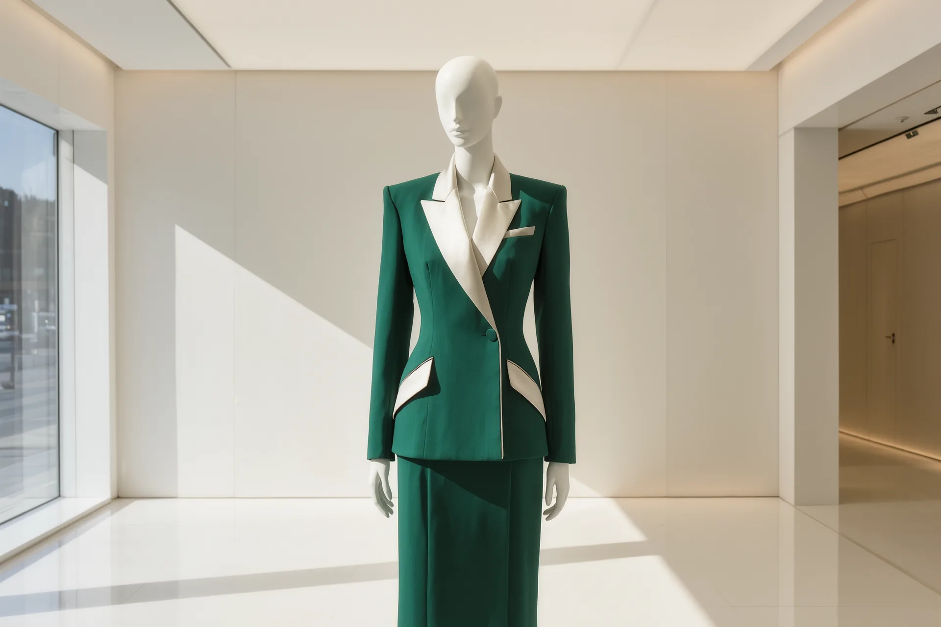 Tailleur féminin structuré posé sur un mannequin, dans un showroom clair.
