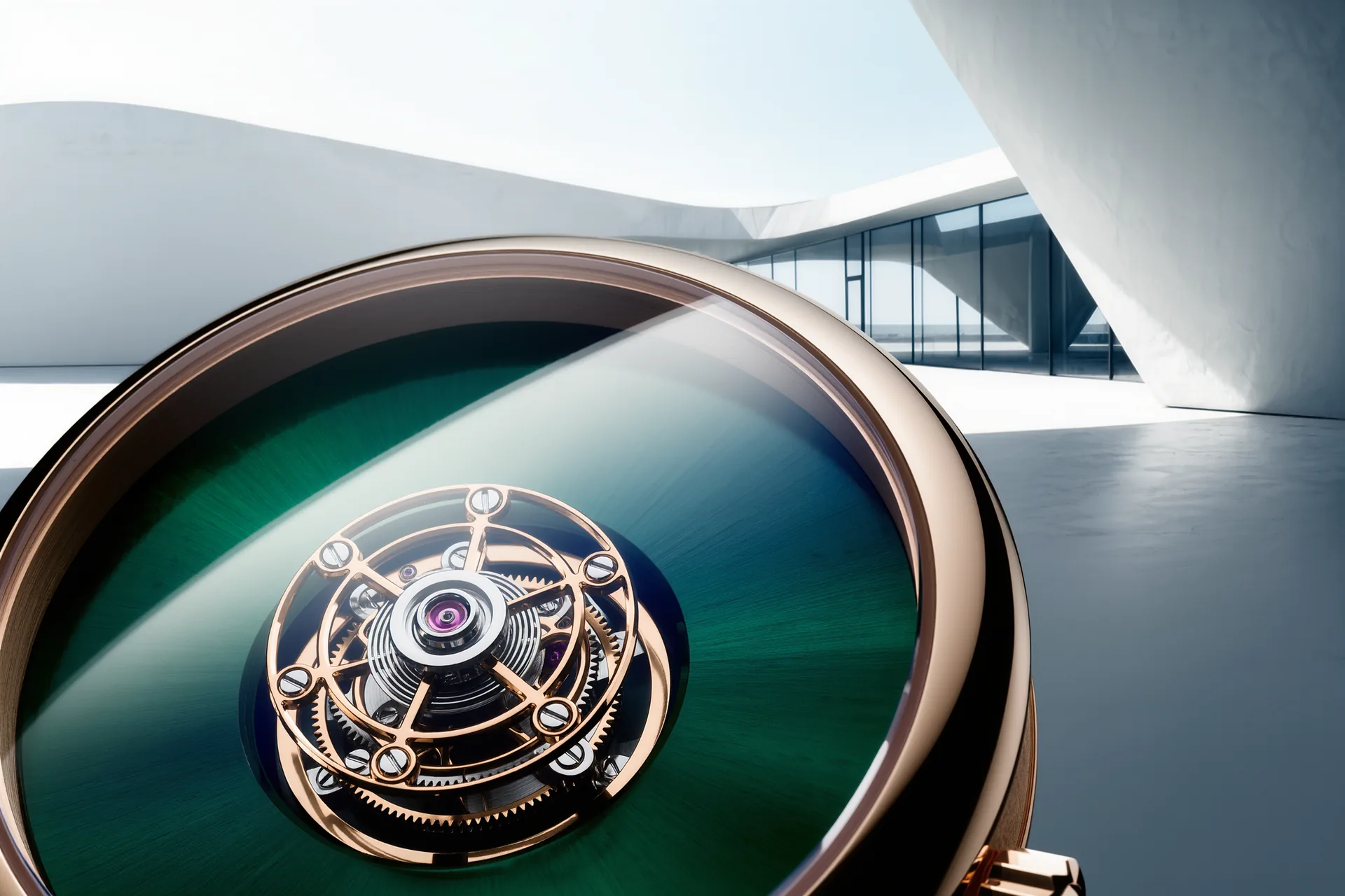 Gros plan sur une cage de tourbillon en rotation sous le verre saphir d'une montre mécanique