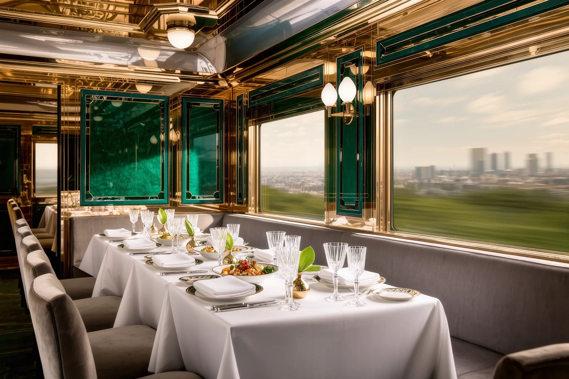 Une voiture-restaurant de train de luxe habillée de marqueterie, tables dressées et paysage filant à la fenêtre.