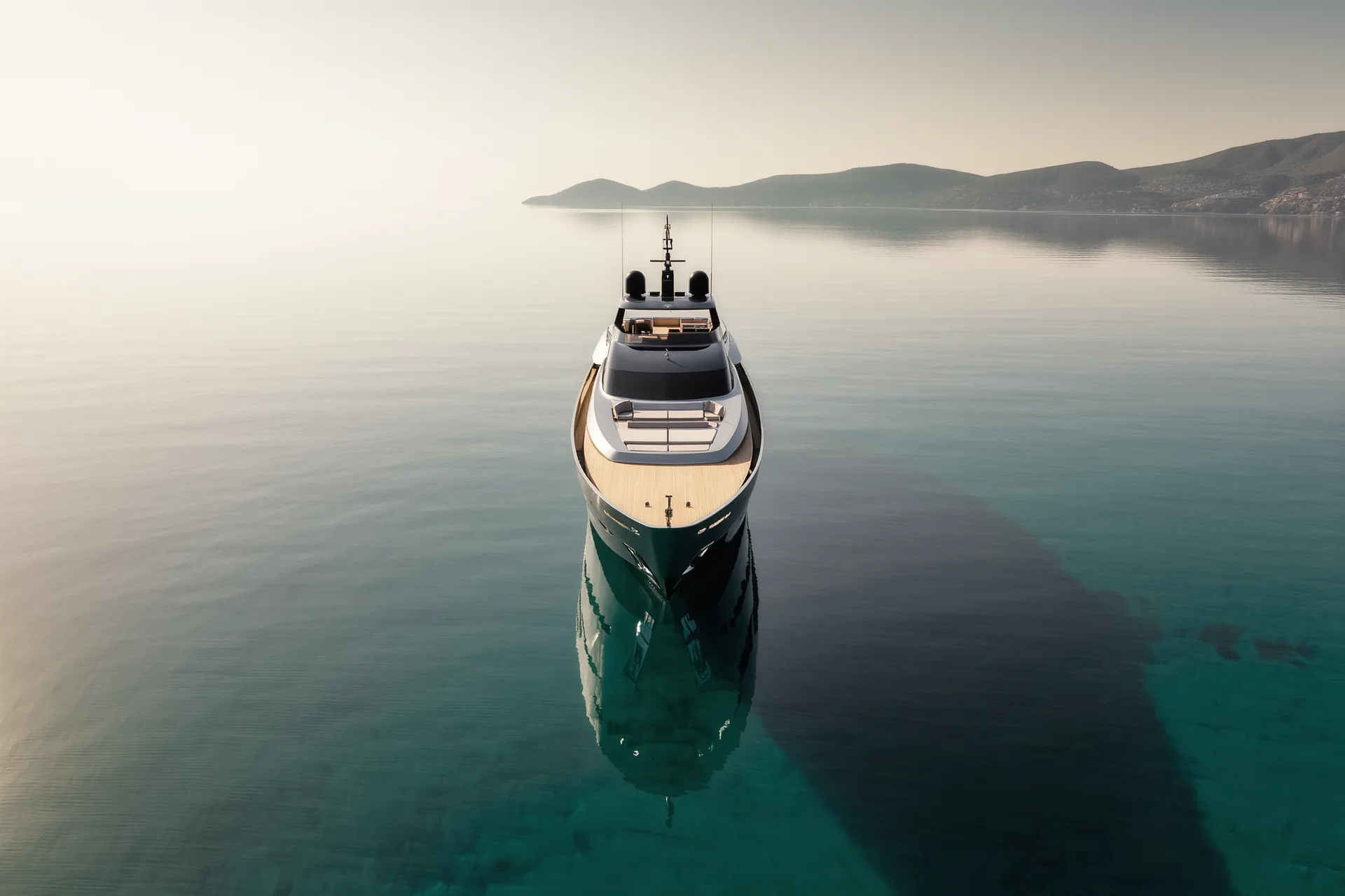 Un yacht au mouillage dans une baie méditerranéenne, teck clair et mer immobile au petit matin.