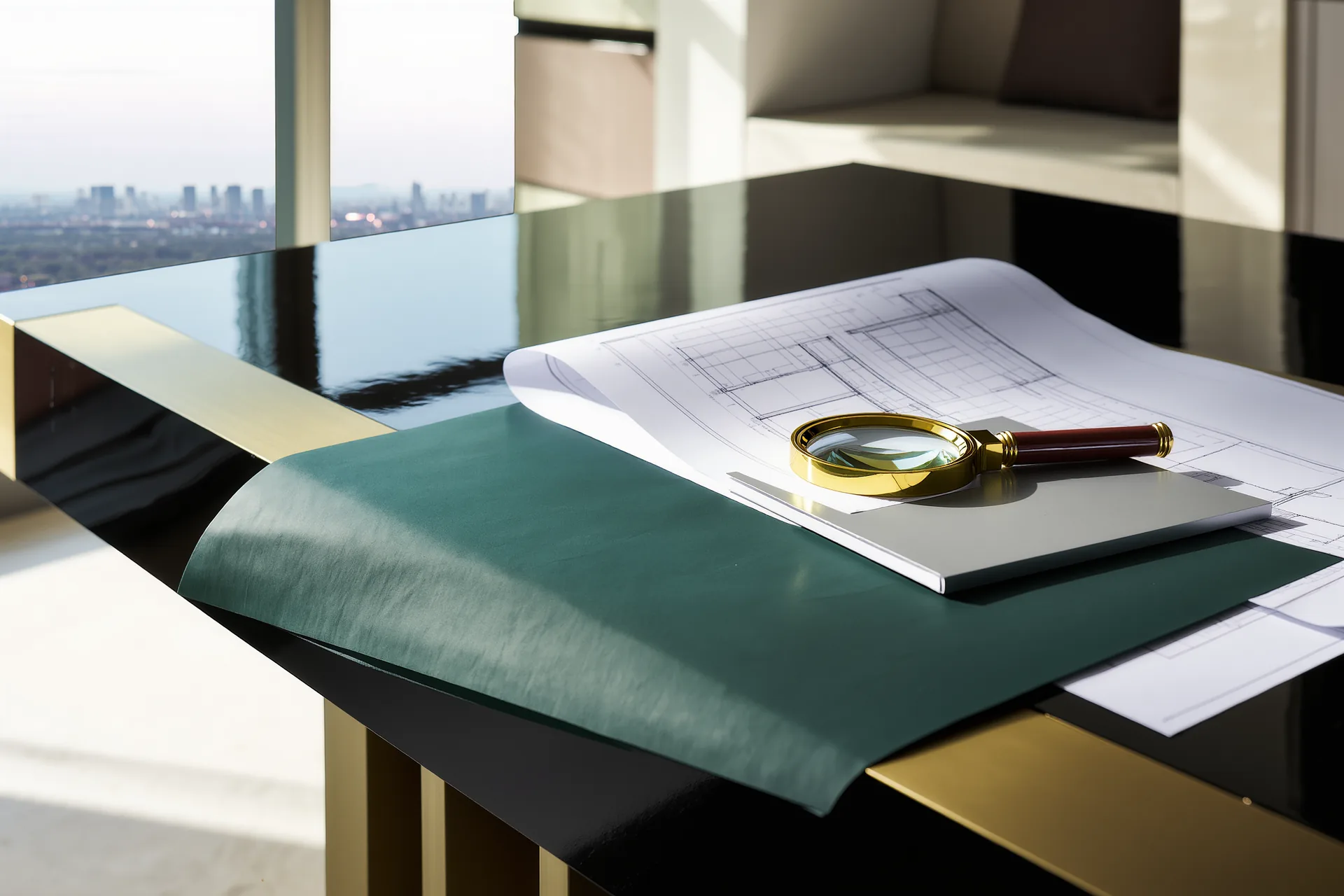 Un dossier de diagnostics techniques ouvert sur une table, avec plans, rapports et une loupe posée dessus.
