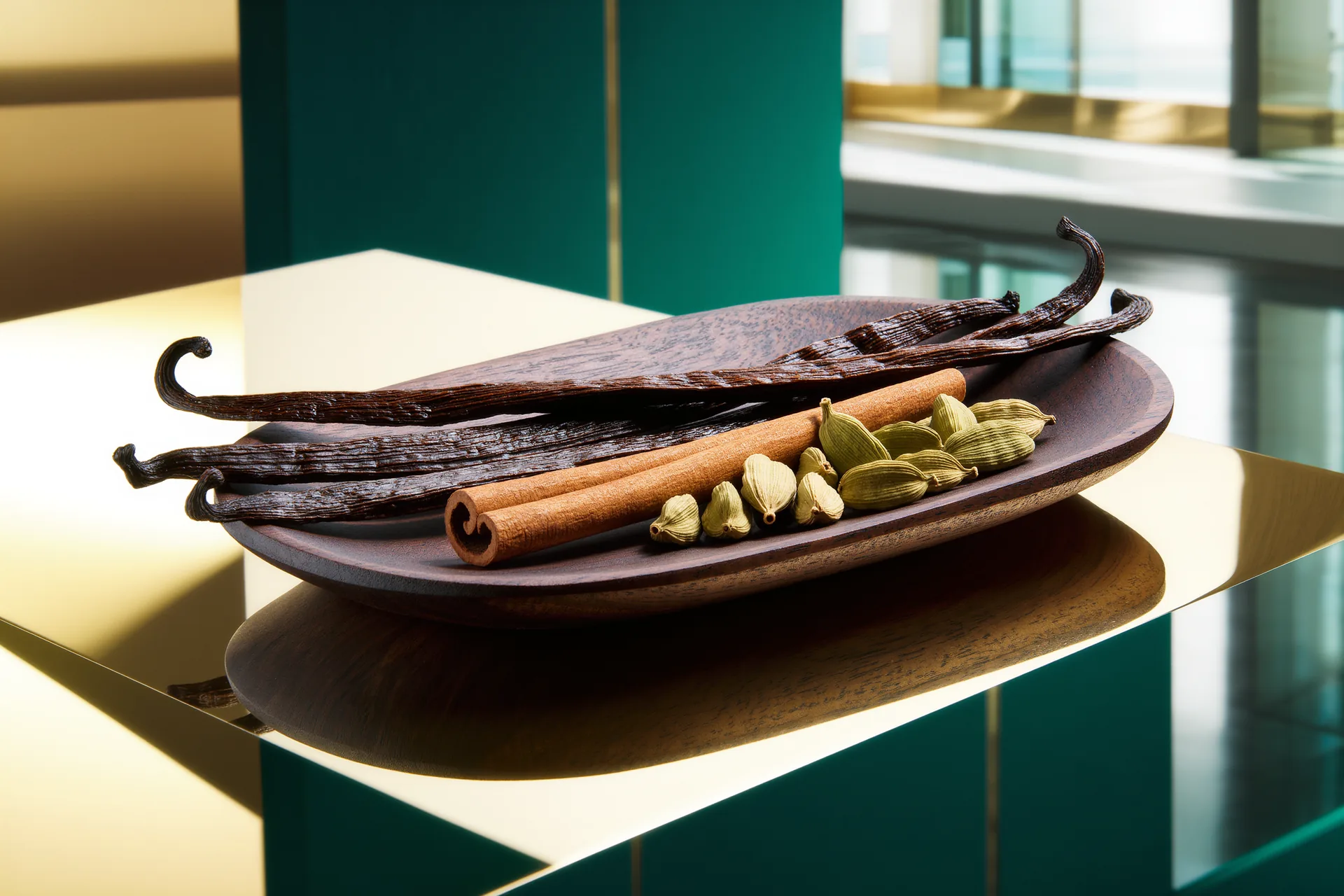 Gousses de vanille, capsules de cardamome et bâtons de cannelle disposés sur un plateau de bois sombre