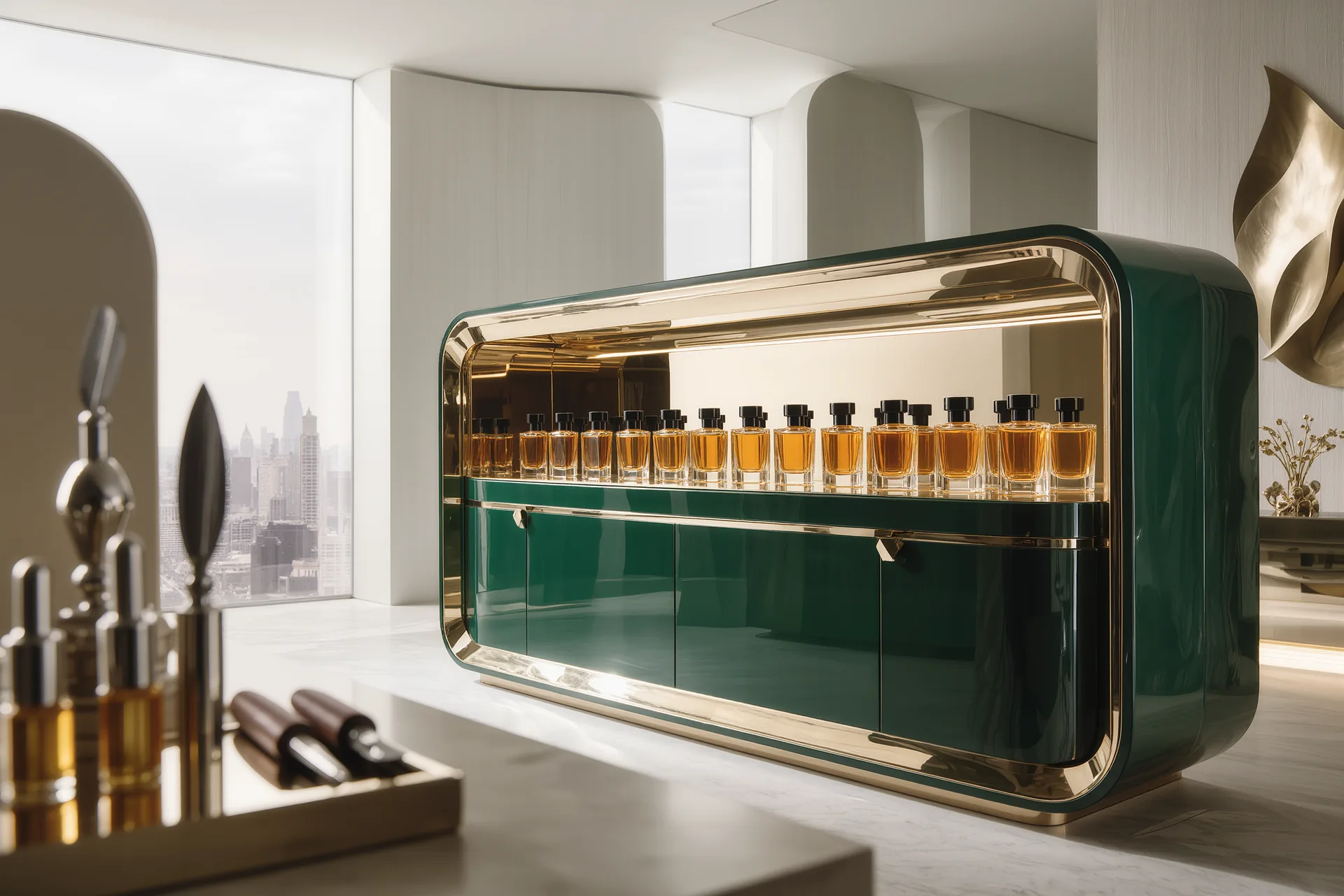 Un orgue à parfums garni de flacons ambrés dans l'atelier feutré d'un parfumeur