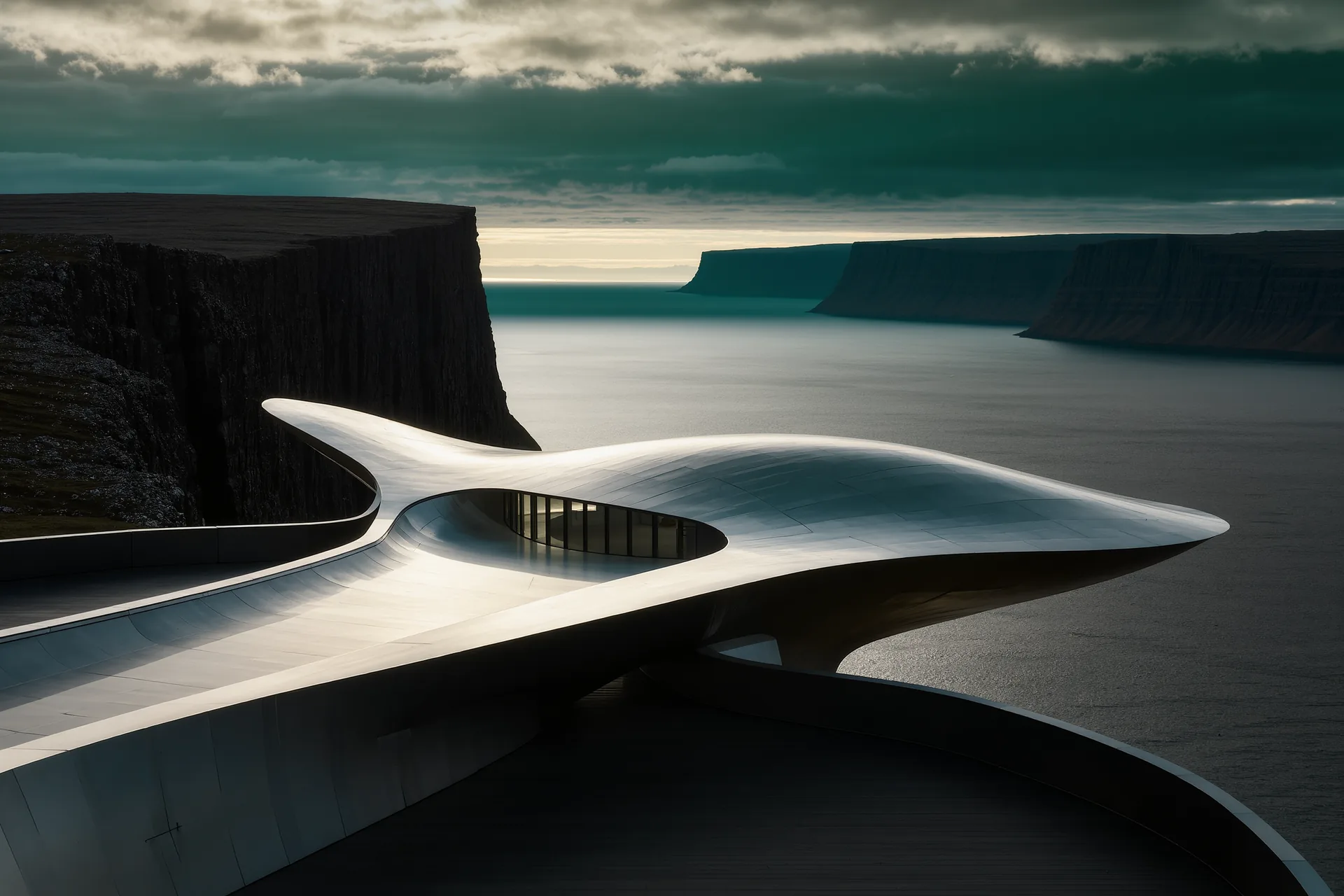 Un fjord encaissé sous un ciel bas, falaises sombres plongeant dans une eau immobile et grise.