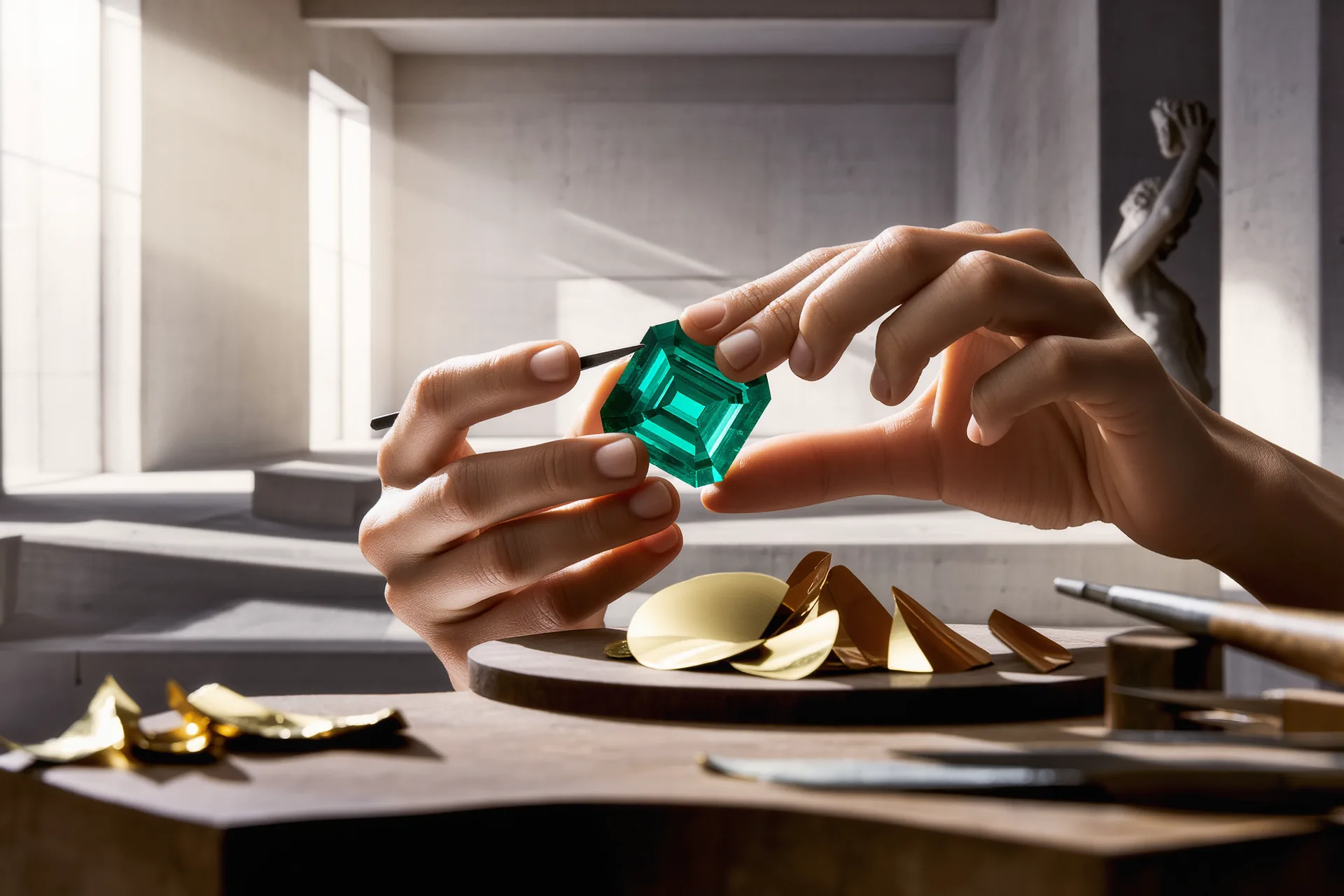 Mains d'un artisan travaillant la matière dans un atelier baigné d'une lumière d'après-midi