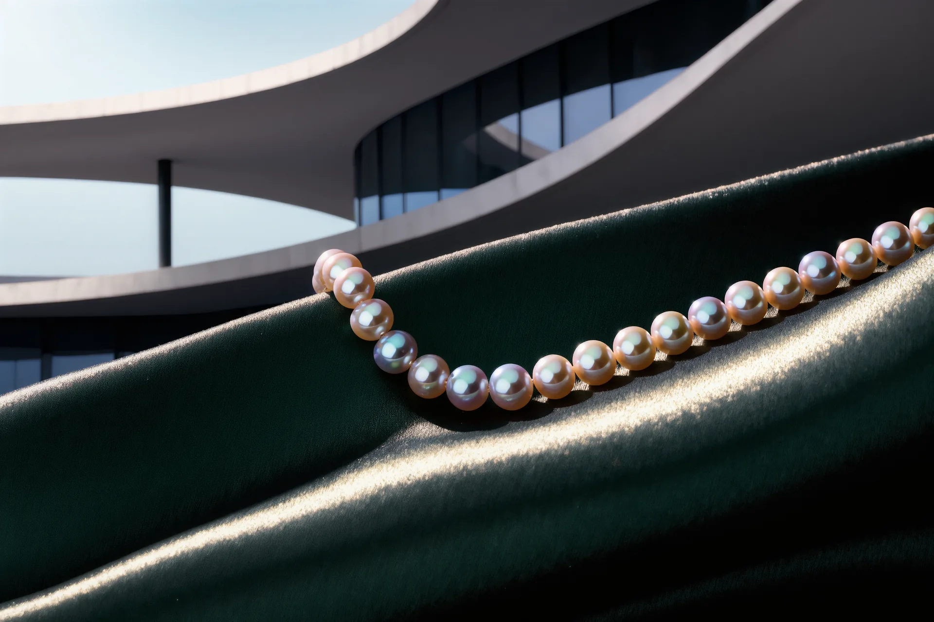 Un rang de perles de culture aux reflets nacrés posé sur un tissu de soie sombre