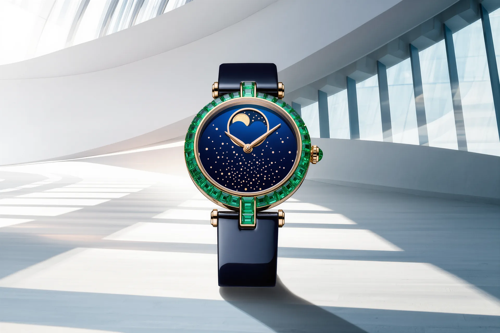 Guichet de phases de lune en émail bleu nuit constellé d'étoiles, un croissant d'or apparaissant dans l'échancrure du cadran