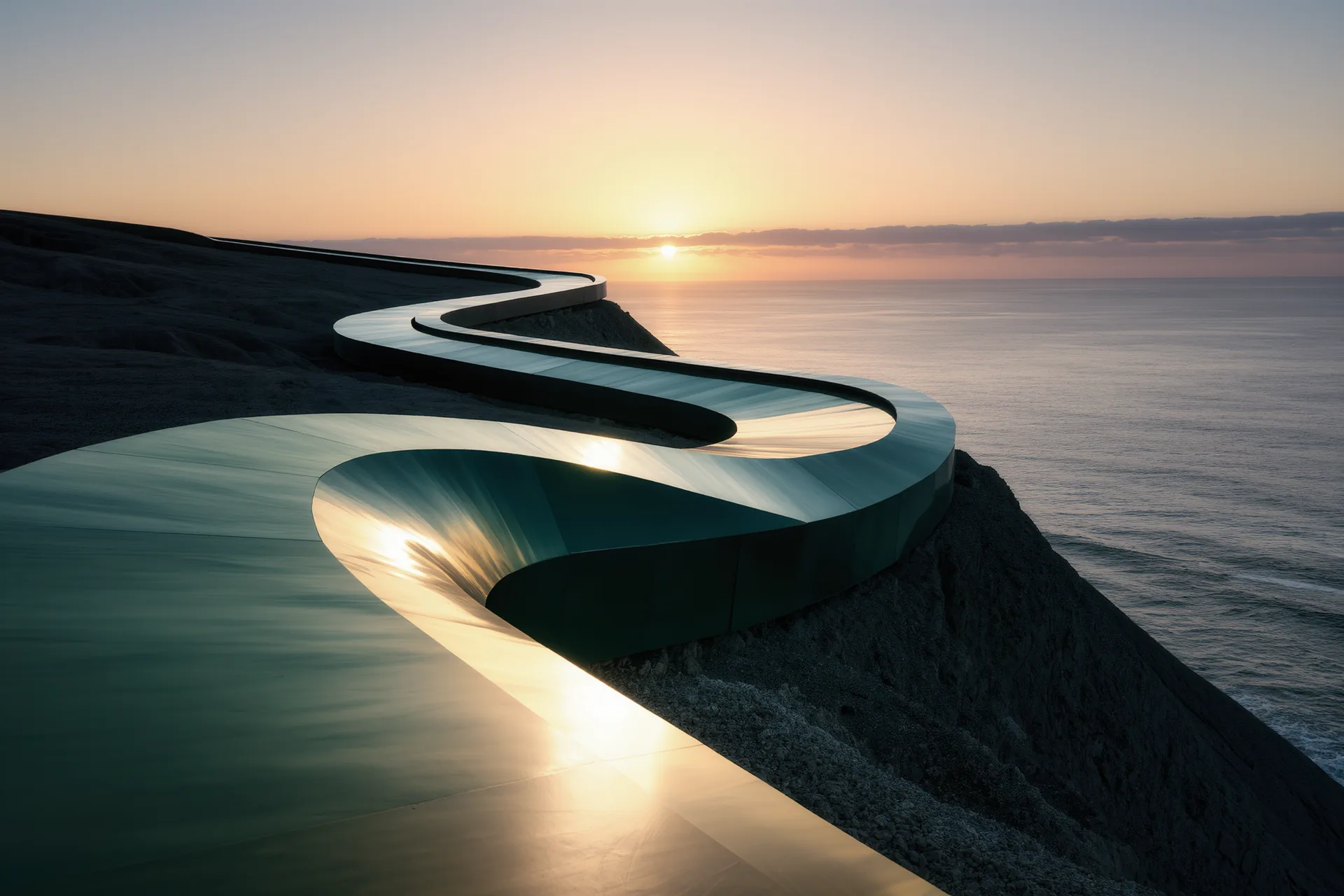 Une route sinueuse épousant une côte escarpée au soleil couchant, sans autre véhicule à l'horizon.