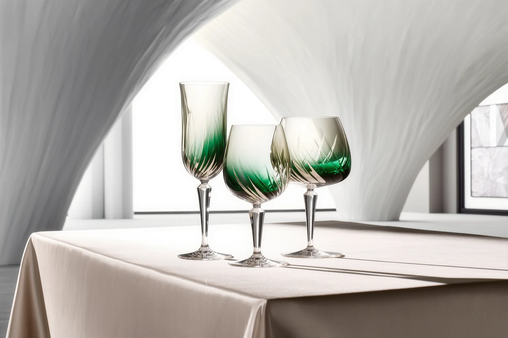 Trois verres à vin de formes différentes alignés sur une nappe claire, reflets de lumière dans le cristal fin
