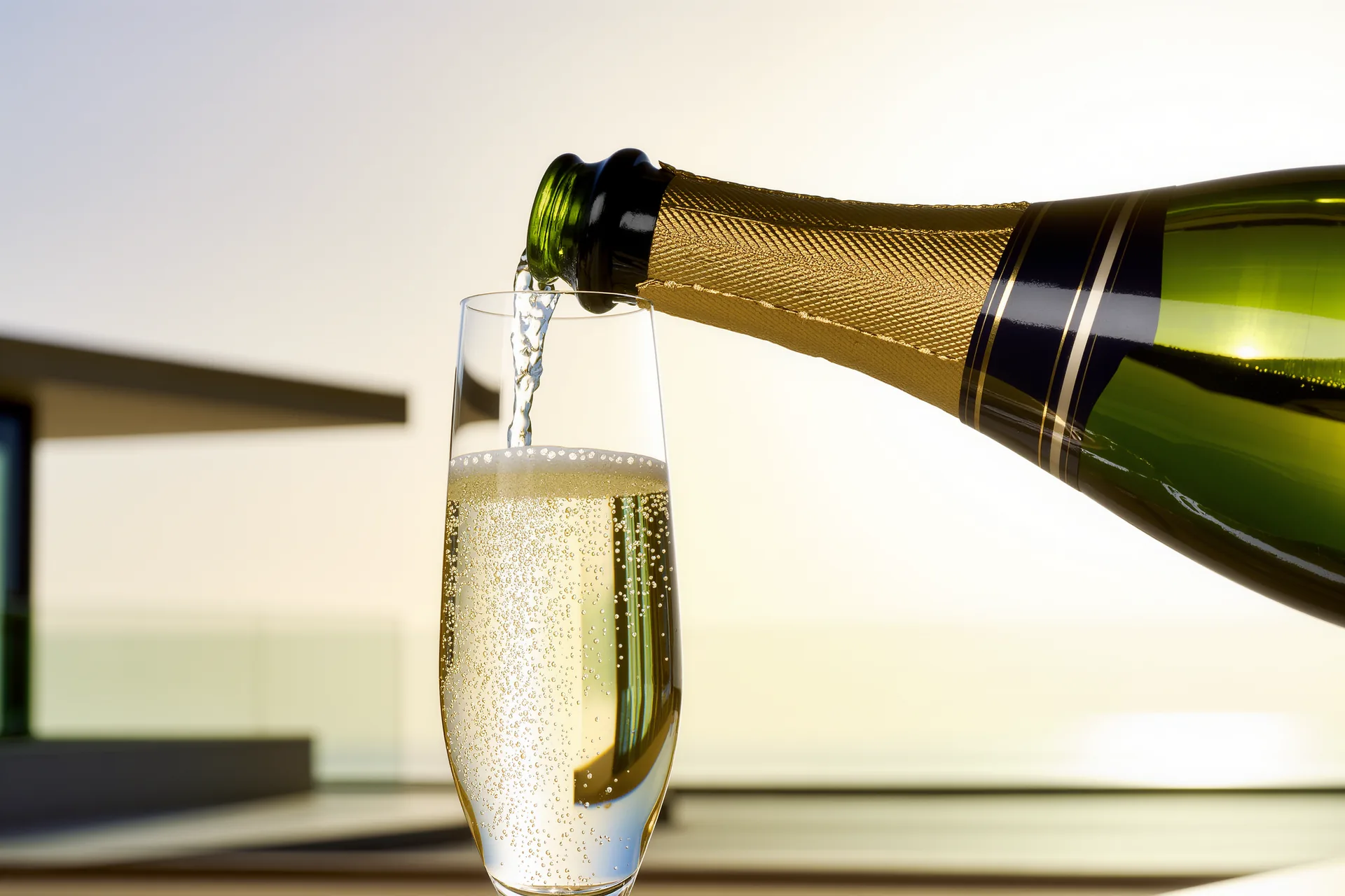 Gros plan sur une étiquette de champagne éclairée à contre-jour, bulles fines dans une flûte au premier plan