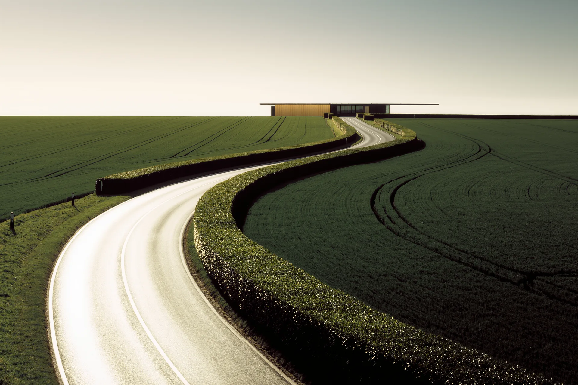 Route de campagne serpentant vers l'horizon entre les champs, virages masqués par les haies