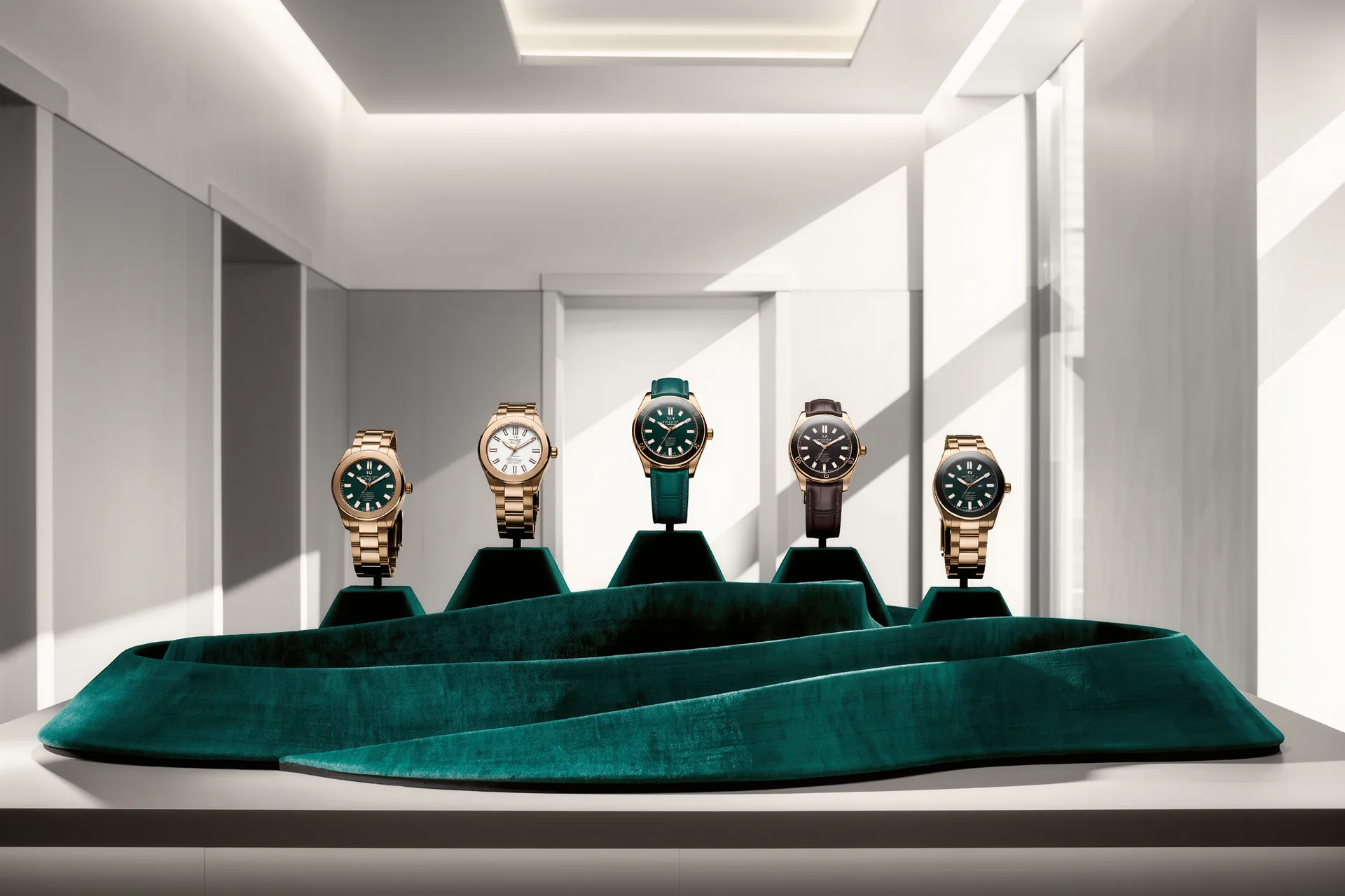 Plusieurs montres d'occasion alignées sur un présentoir de velours chez un revendeur spécialisé