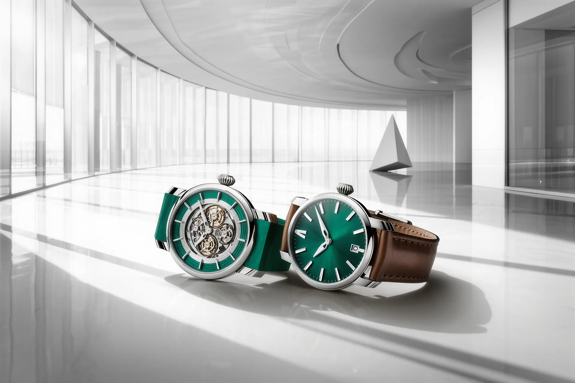 Une montre neuve dans son écrin ouvert à côté d'une montre d'occasion posée sur du cuir