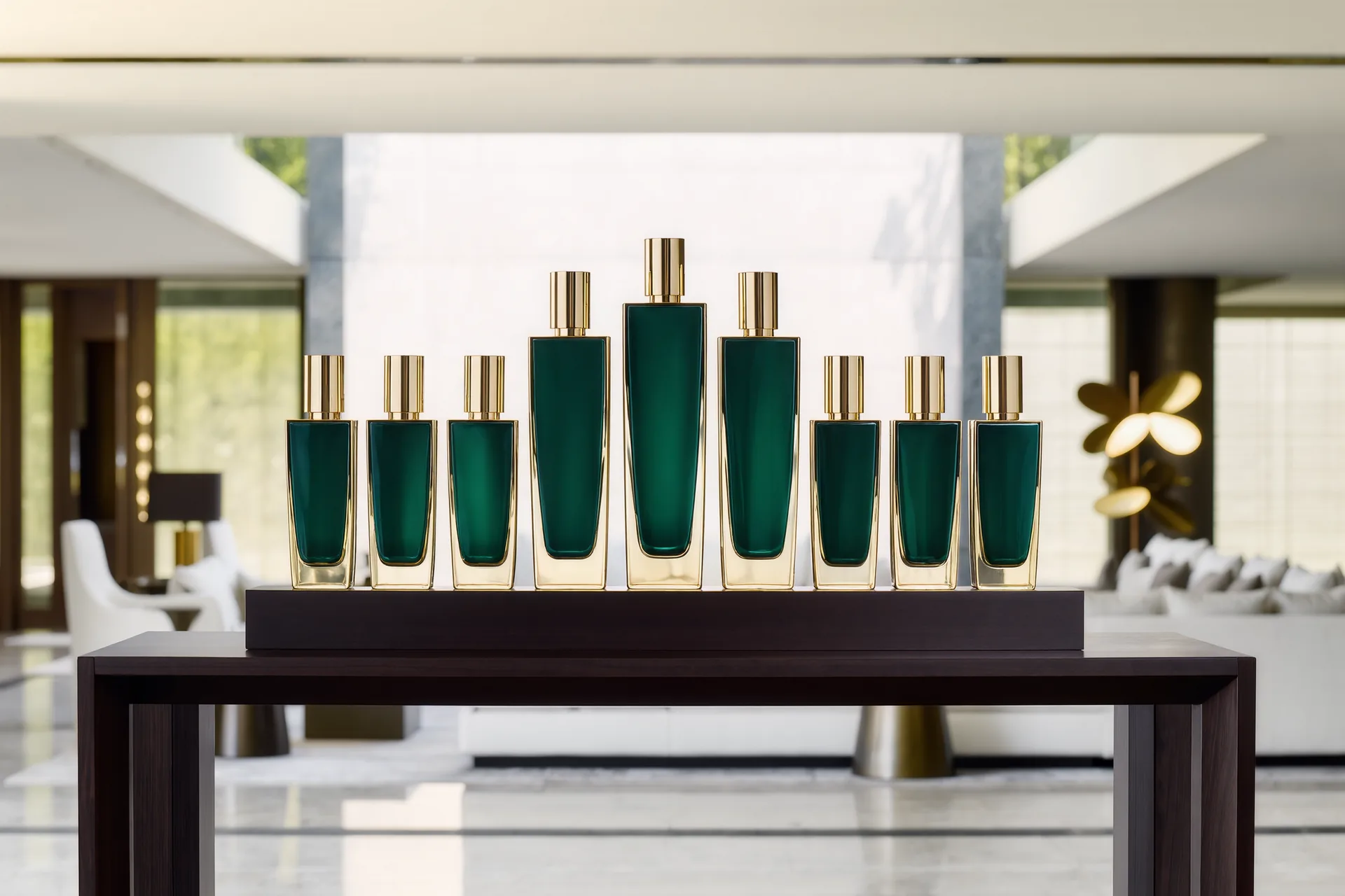 Rangée de flacons de parfum sobres sans étiquette tapageuse sur une étagère de bois sombre, éclairage tamisé