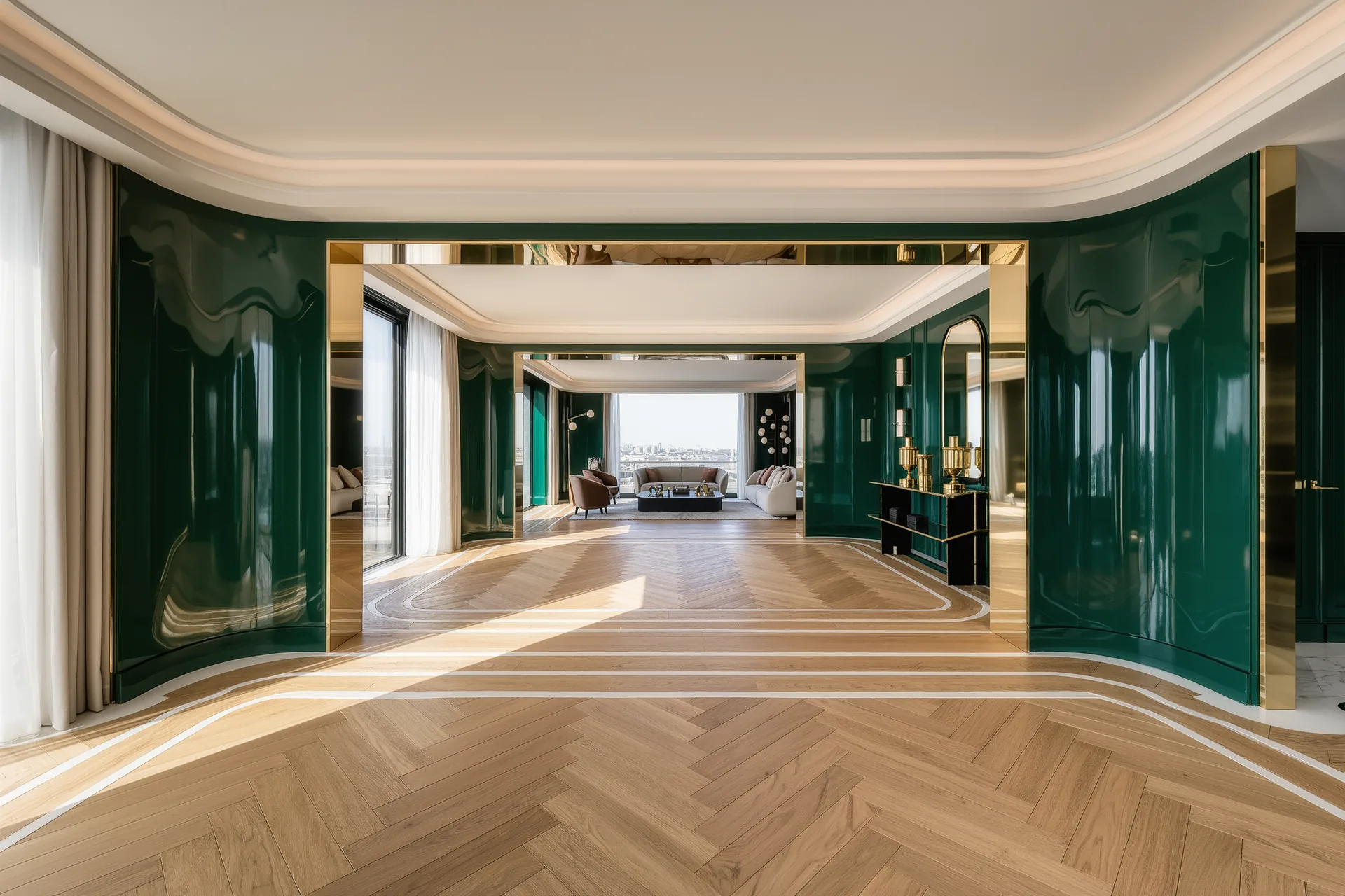 Parquet en point de Hongrie en chêne clair fraîchement posé dans un salon aux moulures blanches