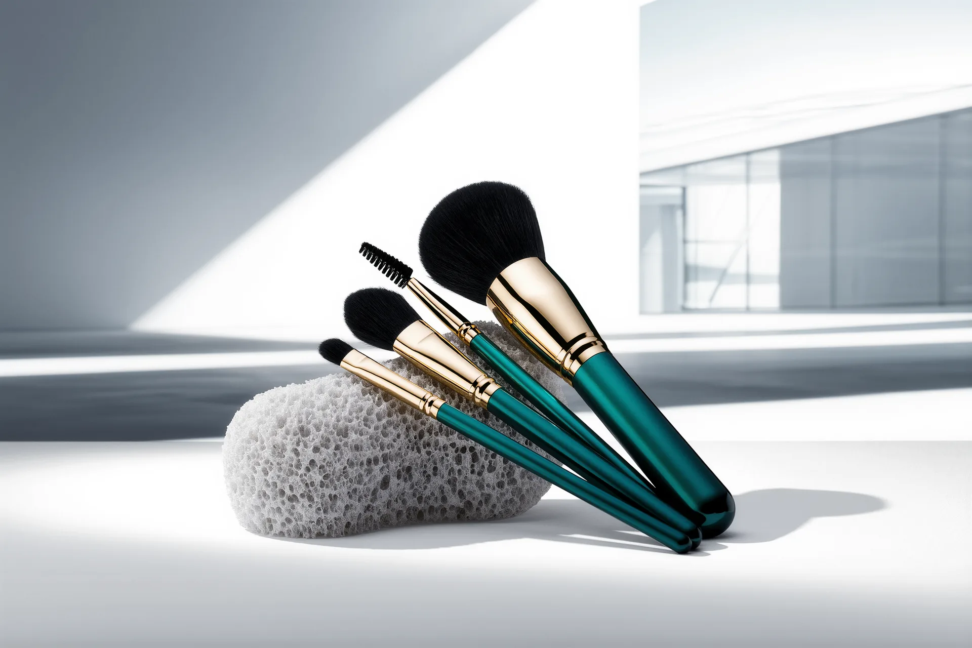 Un jeu de pinceaux de maquillage aux formes variées posé près d'une éponge, sur un plan clair