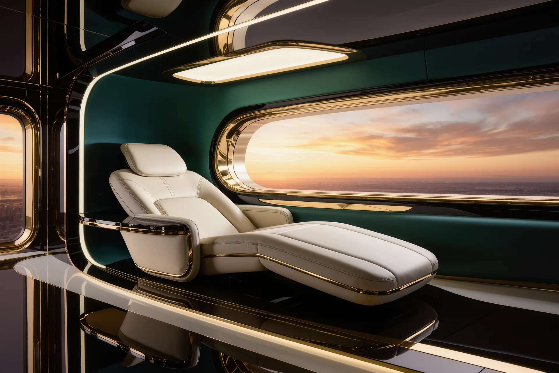 Une suite de première classe à bord d'un long-courrier, fauteuil-lit habillé de cuir clair et hublot au crépuscule.
