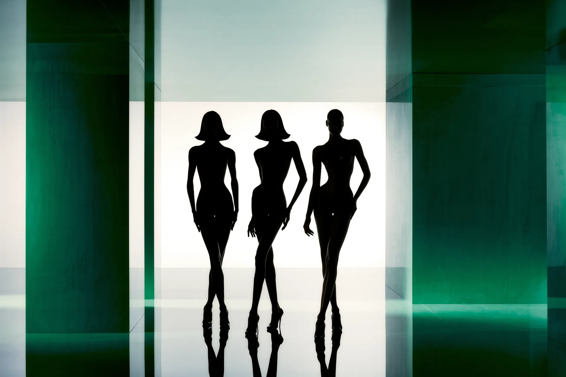 Trois silhouettes féminines de proportions différentes alignées, éclairage d'atelier.