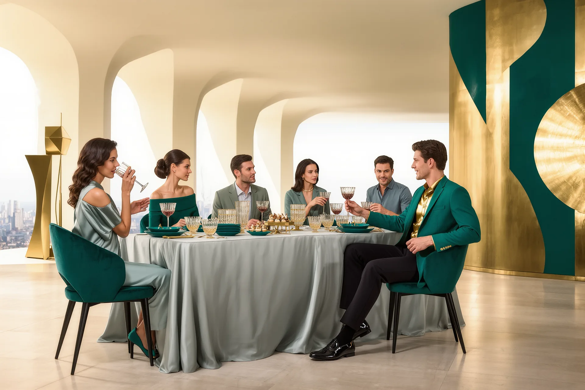 Hôte détendu à table avec ses invités, dans un intérieur où tout a été préparé à l'avance