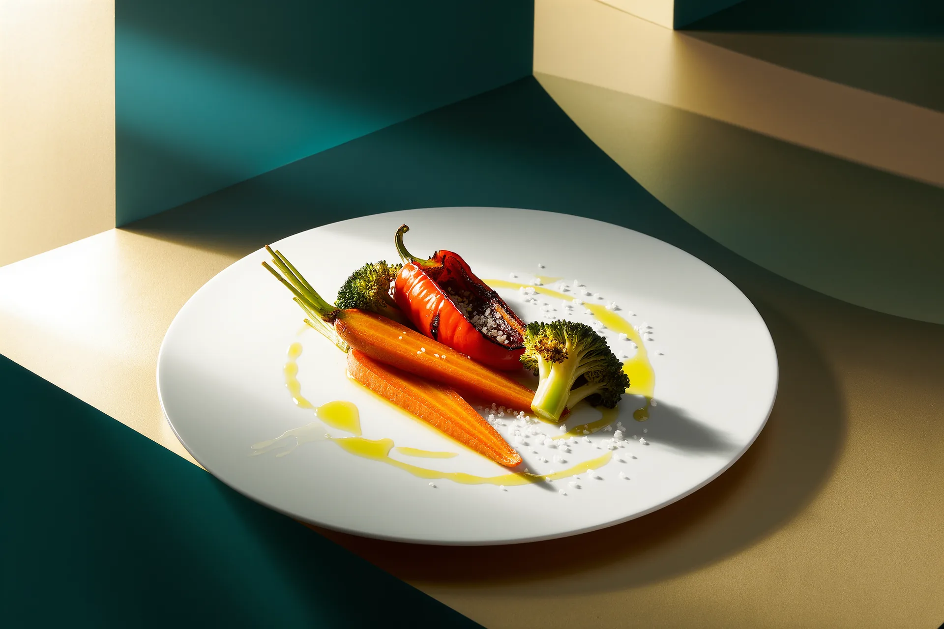 Un légume simplement rôti posé sur une assiette blanche, filet d'huile et fleur de sel, lumière naturelle