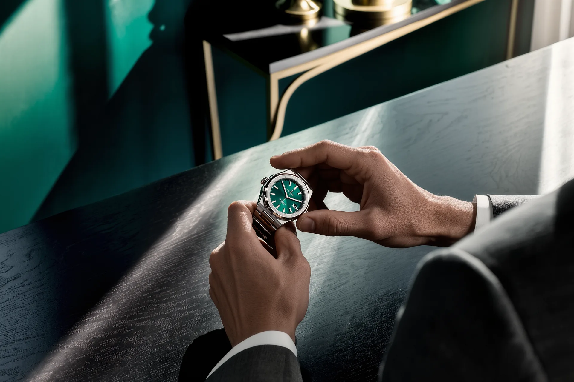 Main remontant la couronne d'une montre mécanique posée sur un bureau de bois sombre, lumière rasante