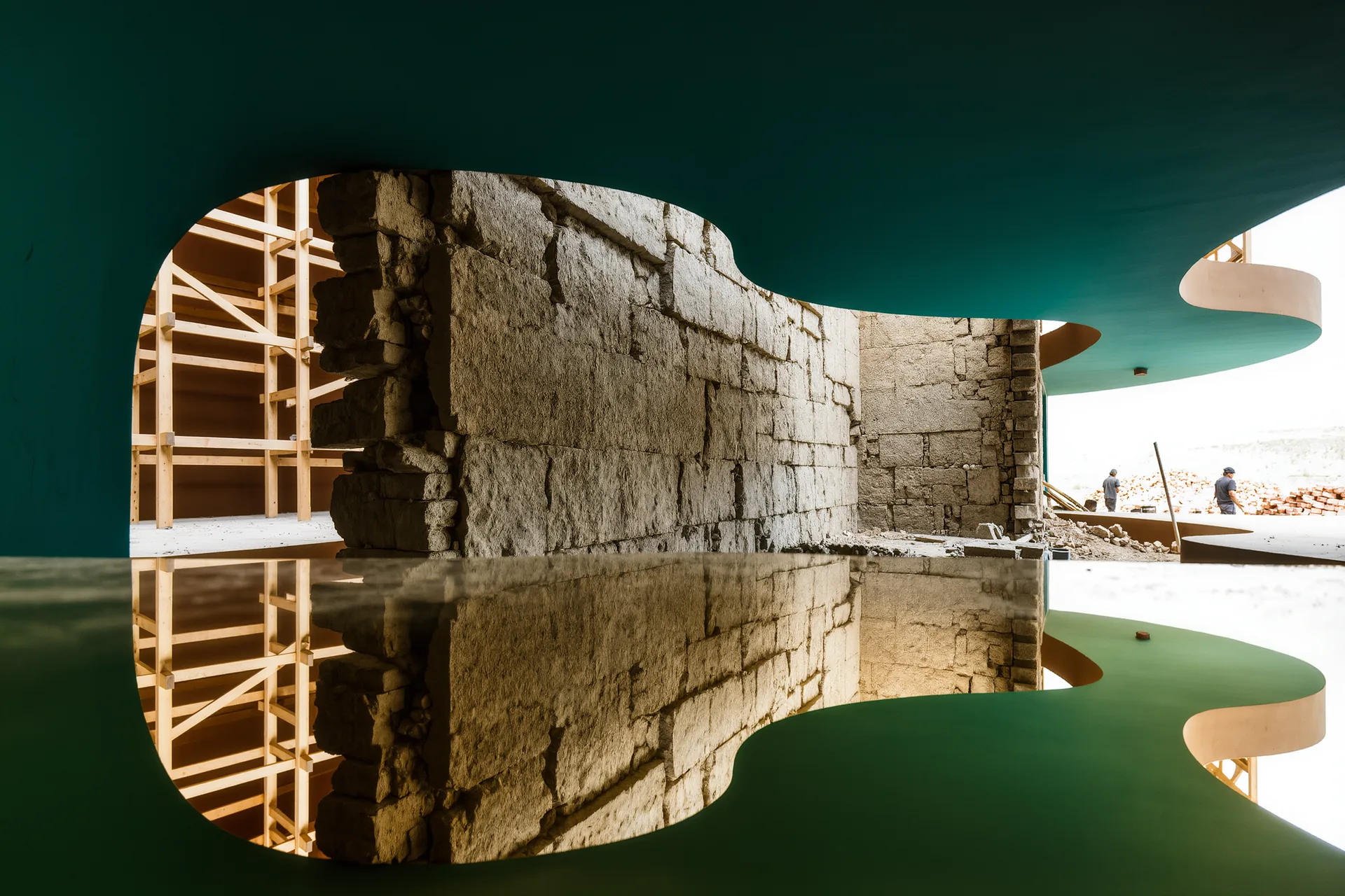 Chantier de restauration dans une demeure ancienne, murs de pierre apparente et échafaudage de bois clair