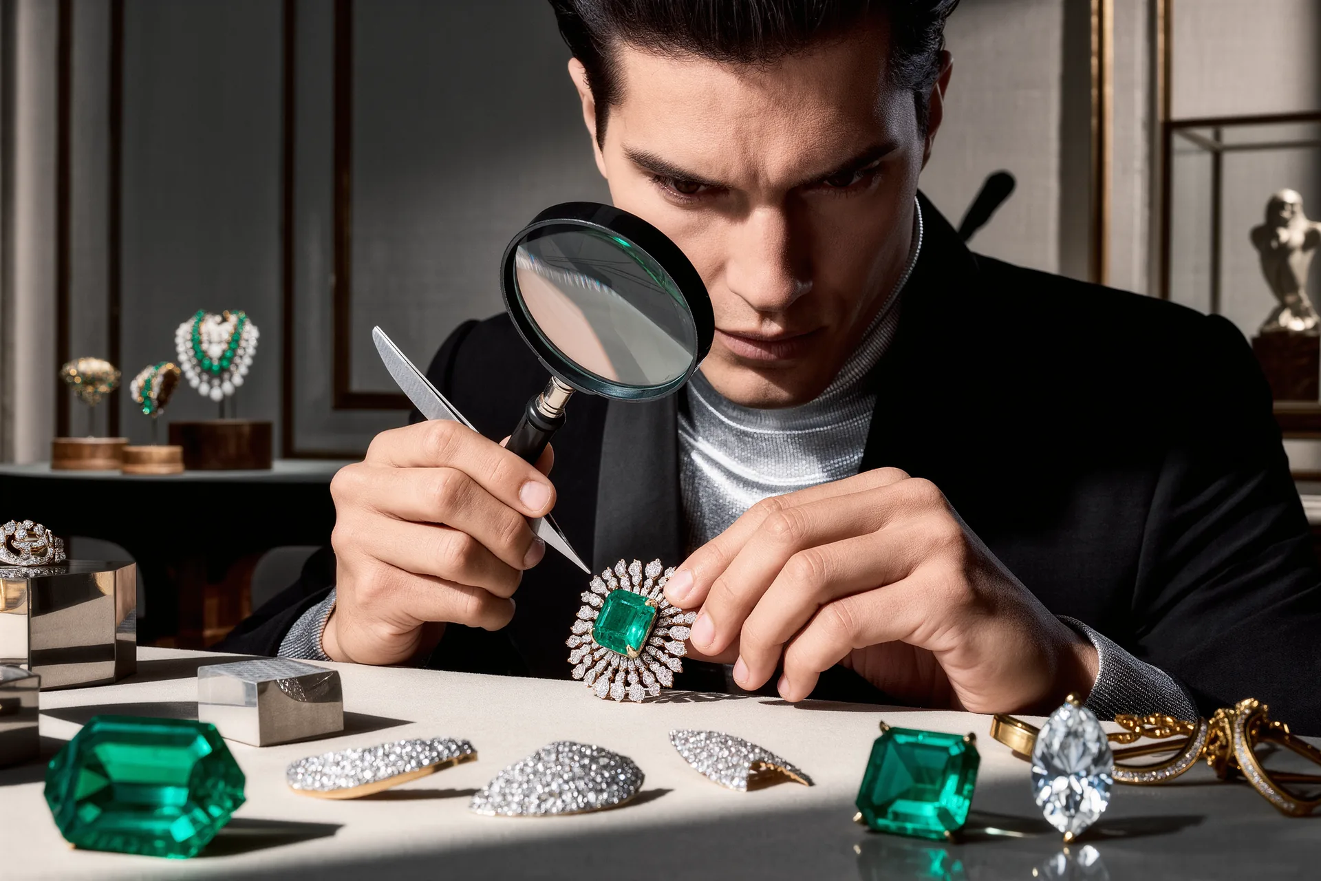 Un restaurateur examine à la loupe un bijou ancien, pinces en main, entouré de fragments et de pierres à réassortir.