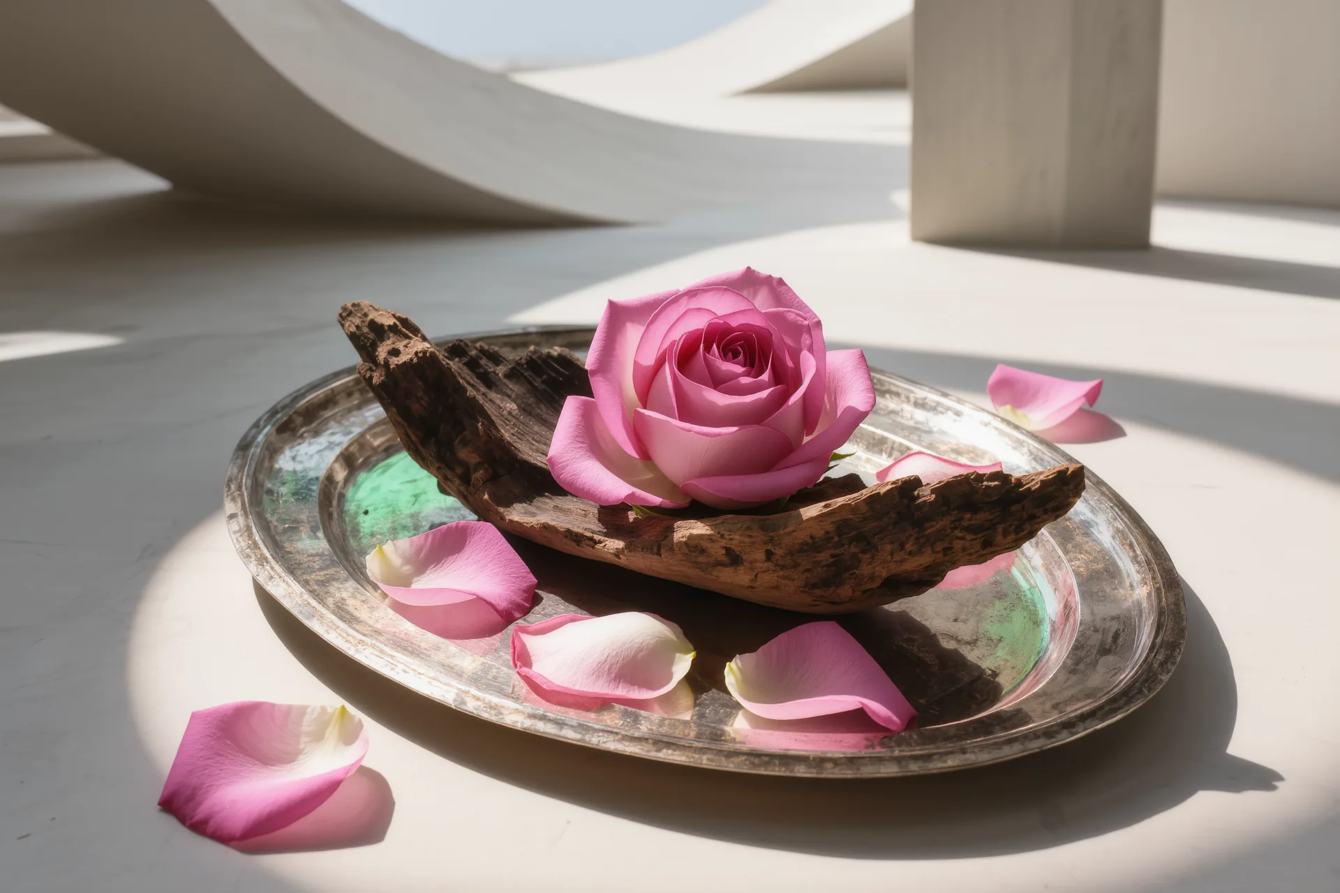 Des pétales de rose et un éclat de bois d'oud posés sur un plateau d'argent patiné