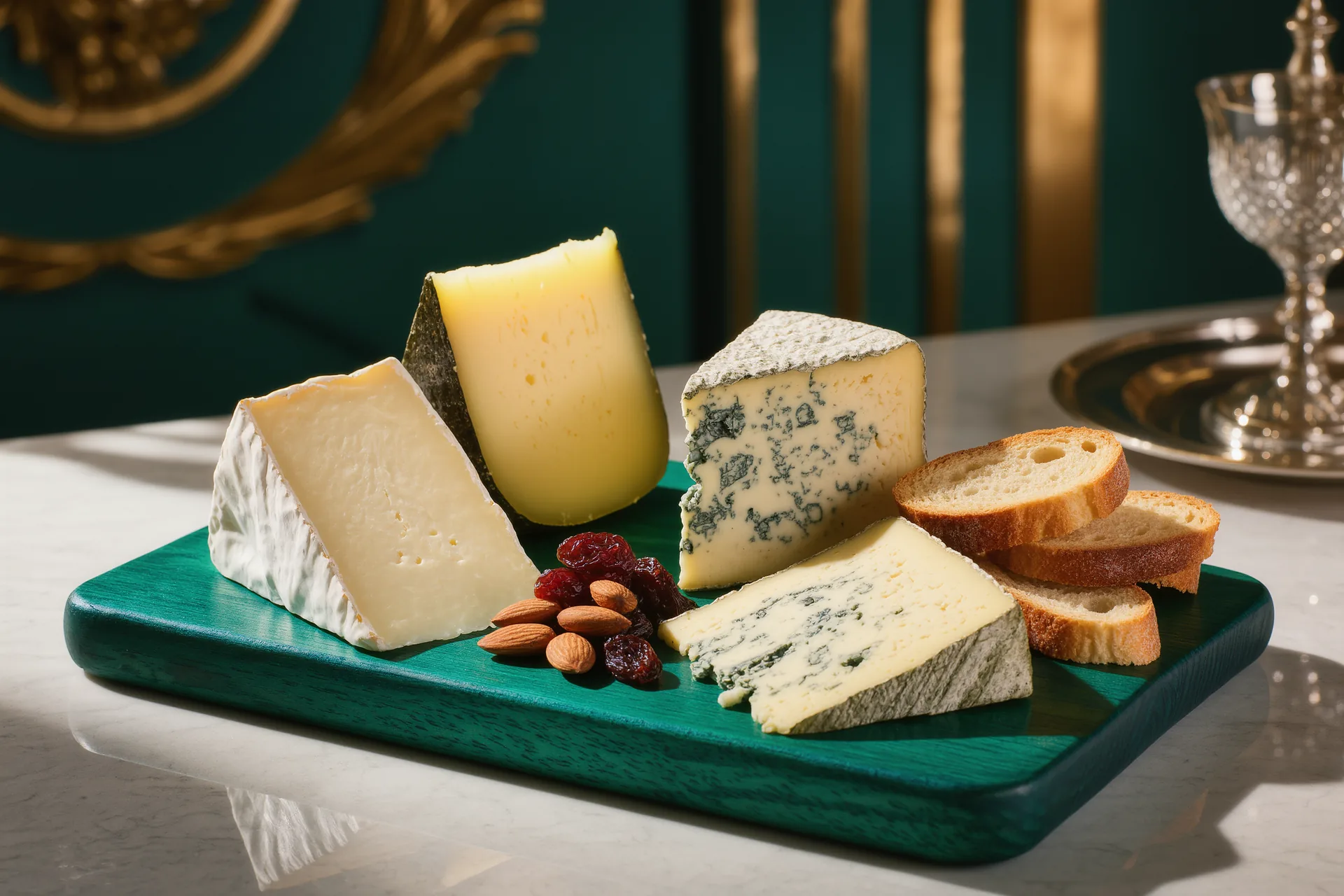 Plateau de fromages varié, pâtes molles et persillés, accompagné de pain et de fruits secs sur une planche de bois