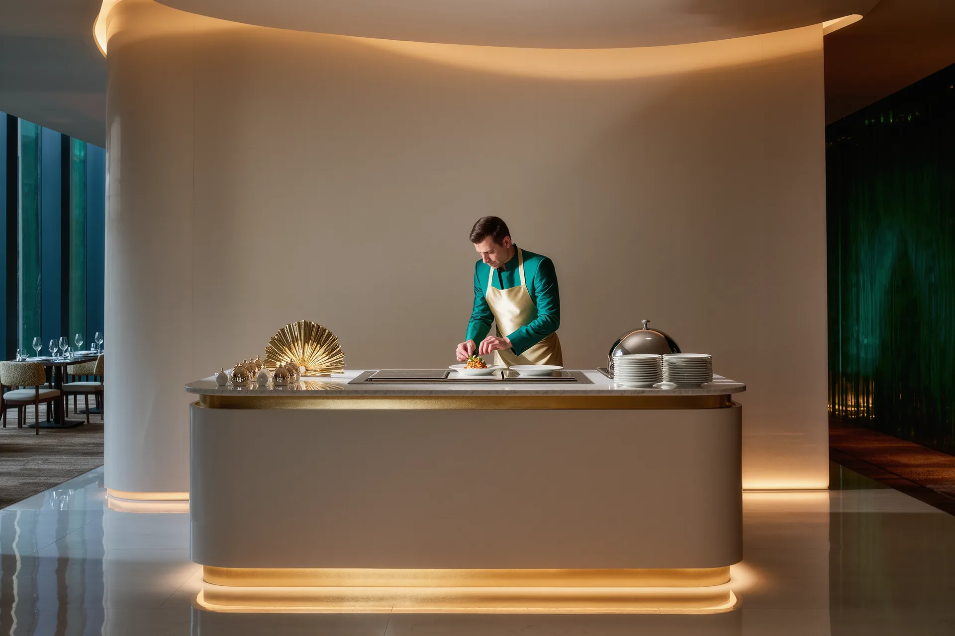Un chef seul à la passe, dressant une assiette sous la lumière chaude d'un service du soir