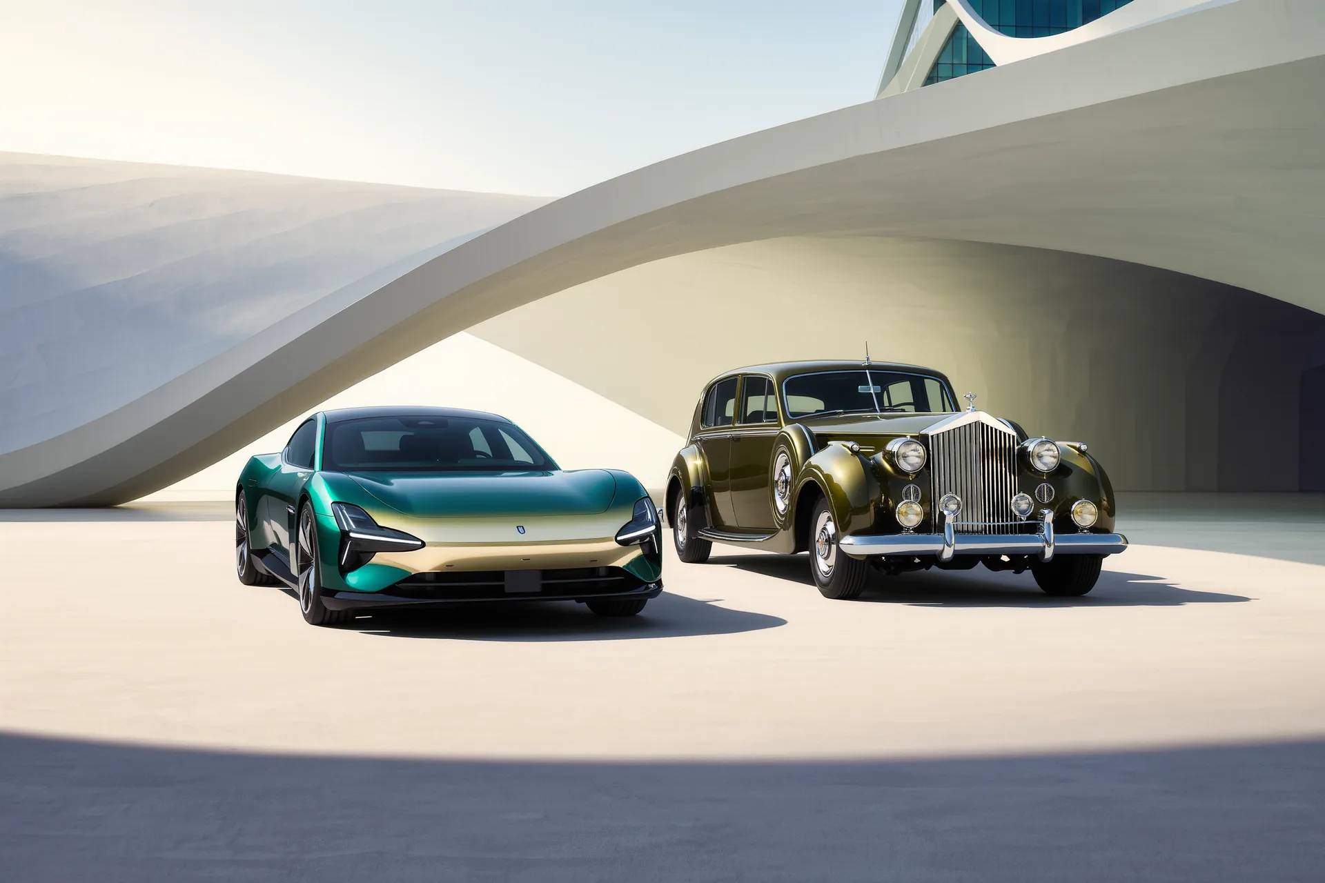 Deux automobiles côte à côte, l'une au dessin épuré et intemporel, l'autre chargée de détails déjà datés