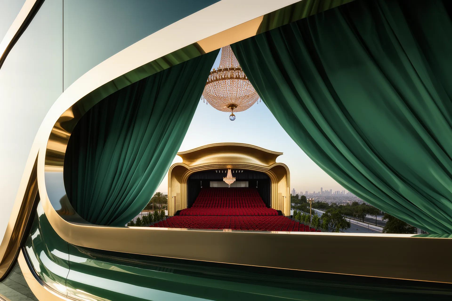 Salle d'opéra dorée vue du balcon avant le lever de rideau, fauteuils rouges et lustre allumé