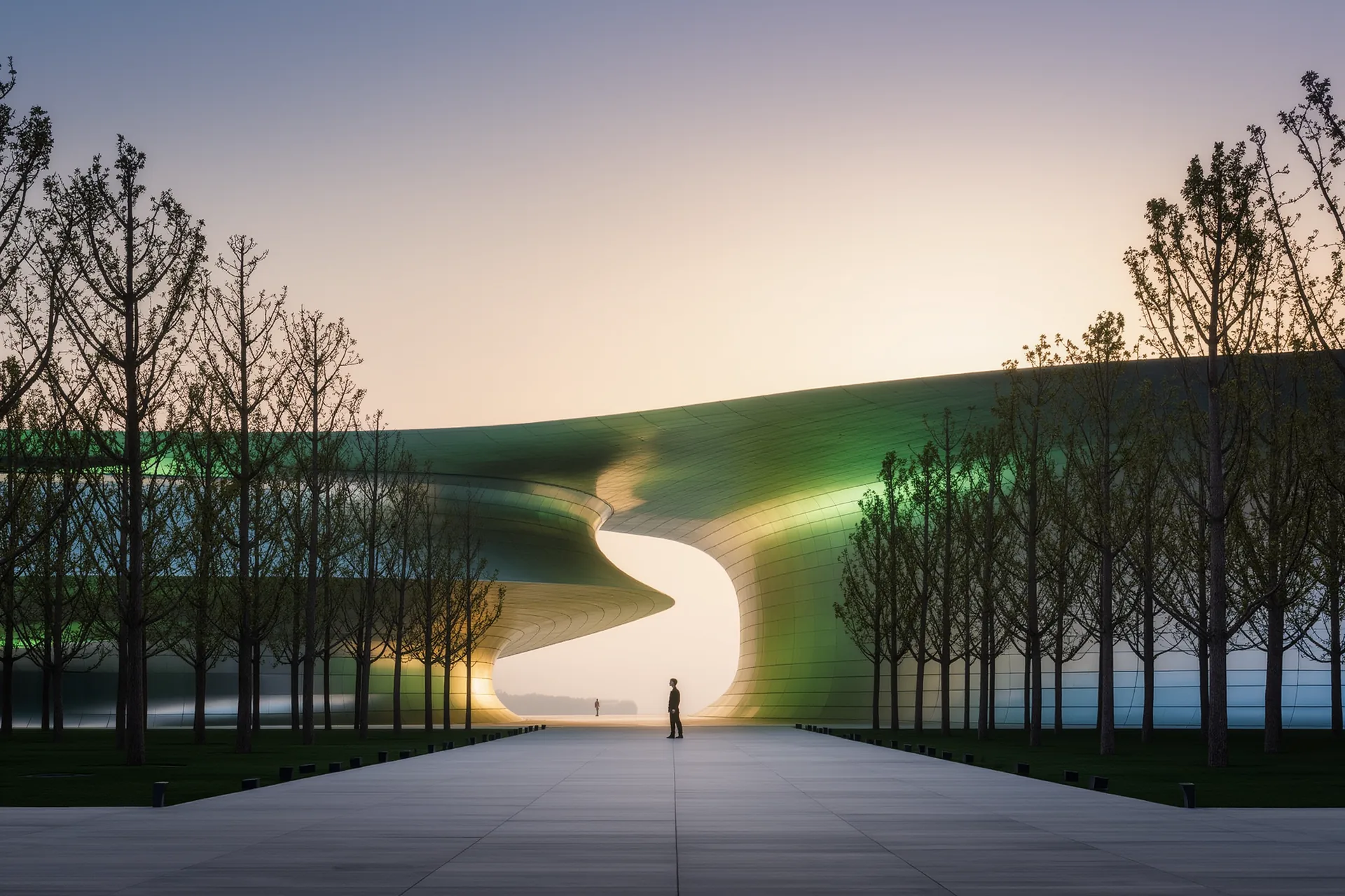 Un site célèbre presque désert au lever du jour, un unique visiteur au bout d'une esplanade vide